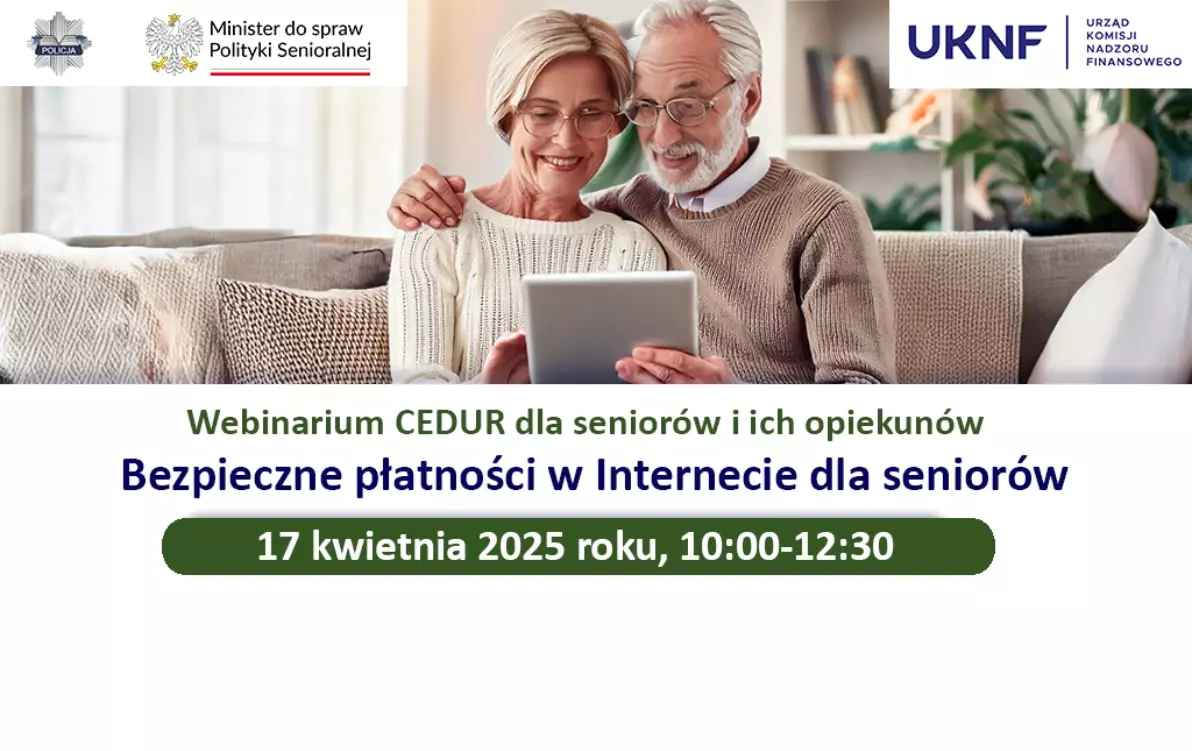 Zdjęcie przedstawia seniorów przed komputerem oraz logotypy programu