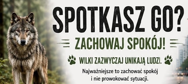 Zdjęcie do Ulotka informacyjna dotycząca zasad postępowania w przypadku spotkania wilka, zar&oacute;wno na terenach leśnych, jak i w obszarach miejskich.